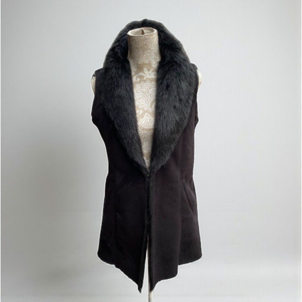 J.McLaughlin Black Suede Jacket Vest w/ Faux Fur Trim Size M Cozy Chic Mob Wife